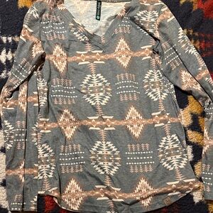 Sterling Kreek Aztec Patterned V-Neck Long Sleeve Top